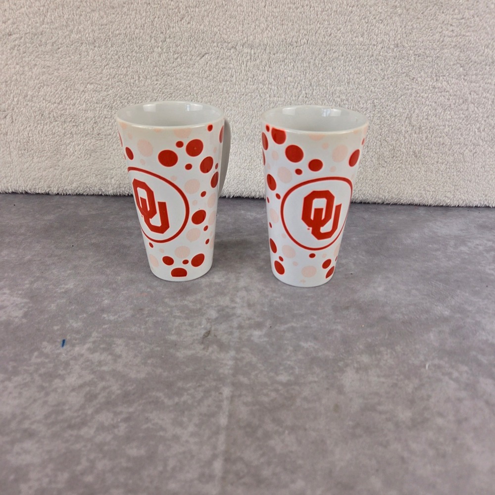 Oklahoma Sooners OU Latte Mug Set 2 Piece Red White Polka Dot NCAA Licensed